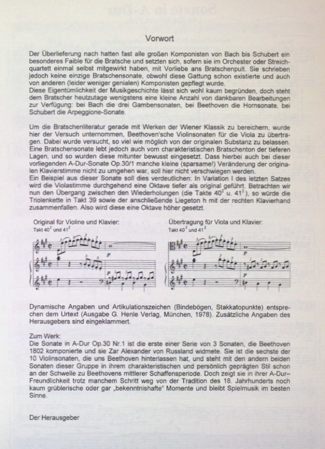 Sonate A-dur, op. 30, Nr. 1, für Violine und Klavier, arrangiert für Bratsche und Klavier