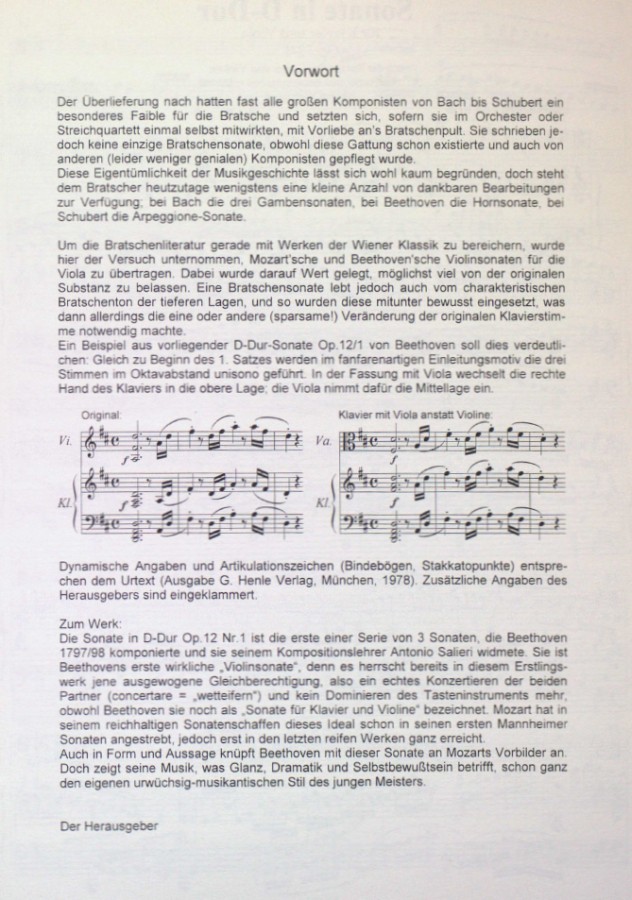 Sonate D-dur, op.  12, Nr. 1, für Violine und Klavier, arrangiert für Bratsche und Klavier