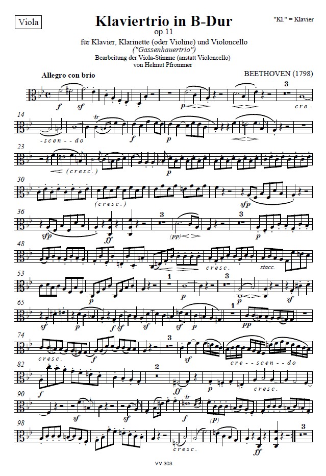 Klaviertrio «Gassenhauertrio» B-Dur op.11, Einzelstimme Bratsche (anstatt Violoncello)