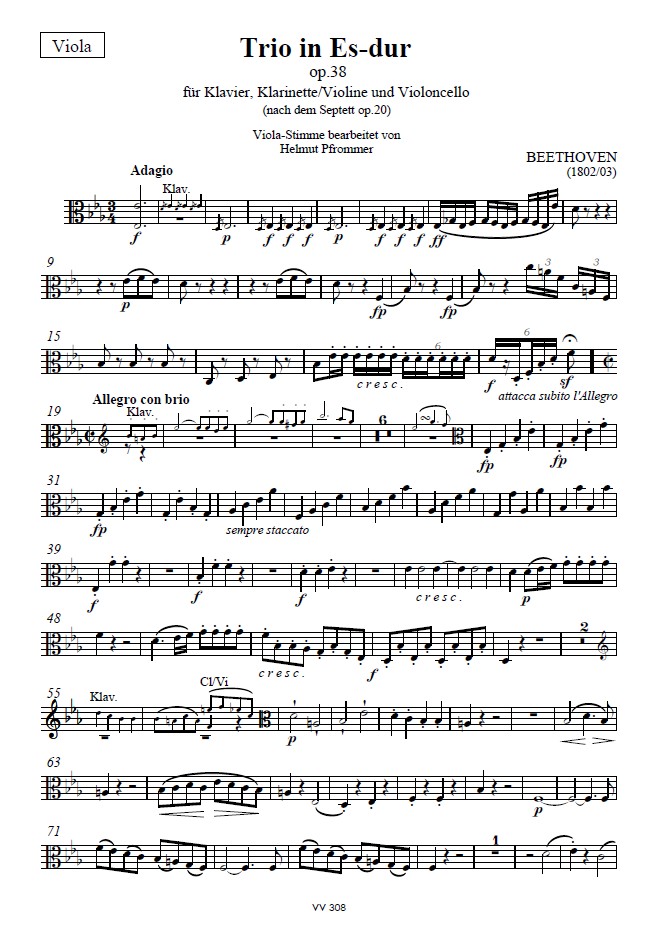 Klaviertrio «nach Septett» Es-Dur, op. 38, Einzelstimme Bratsche (anstatt Violoncello)