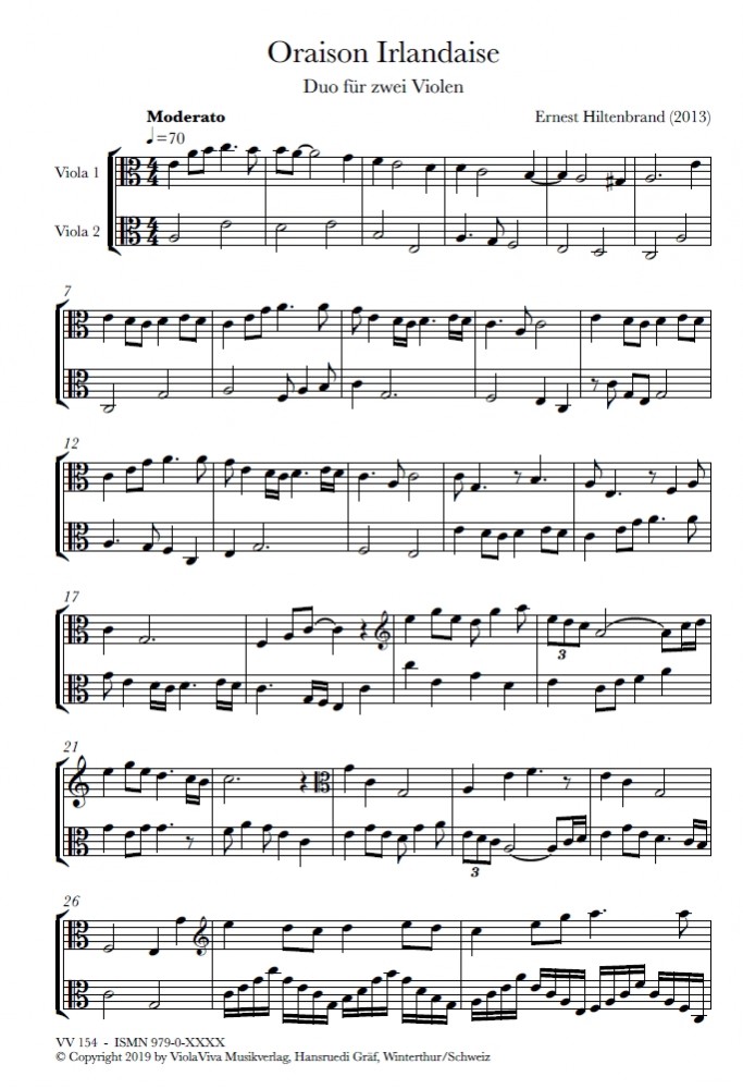 Oraison Irlandaise, Duo , op. 156 Nr. 6, for two Violas