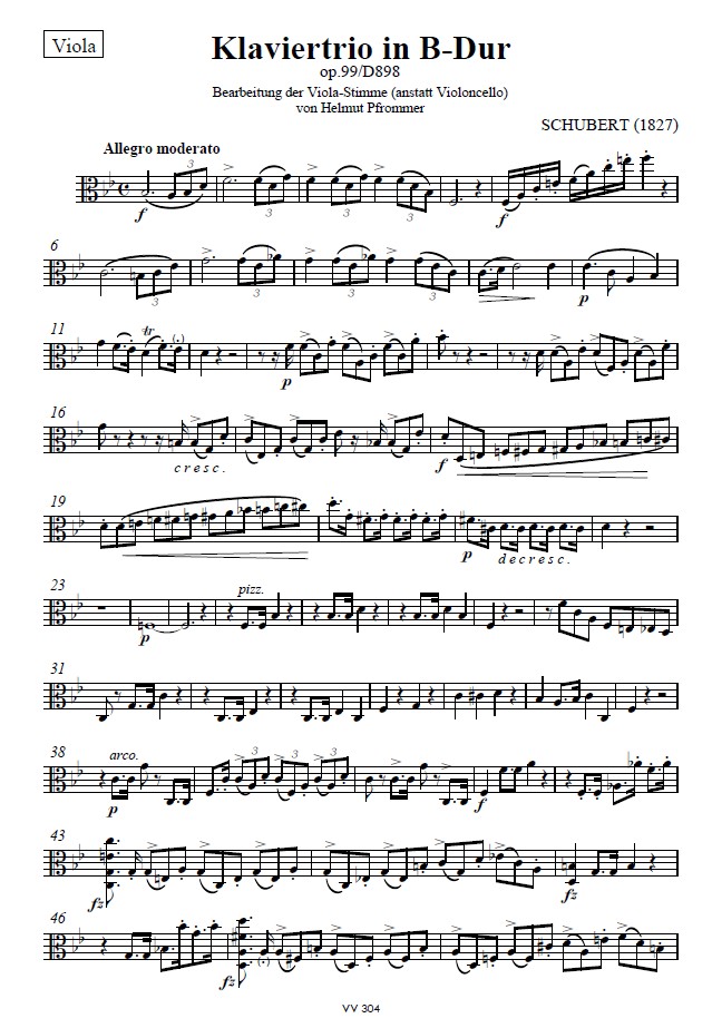 Klaviertrio in B-dur, op. 99, D 898,  Einzelstimme Bratsche (anstatt Violoncello)